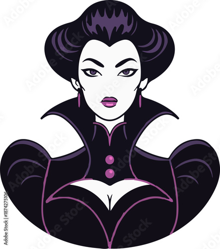 Stylized portrait of a mysterious woman with dark hair, dramatic collar, and purple accents