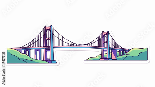 Stylized suspension bridge with colorful towers and cables, spanning a gap between hilly landscapes