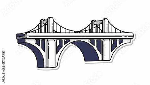 Stylized suspension bridge with supporting arches, rendered in clean lines