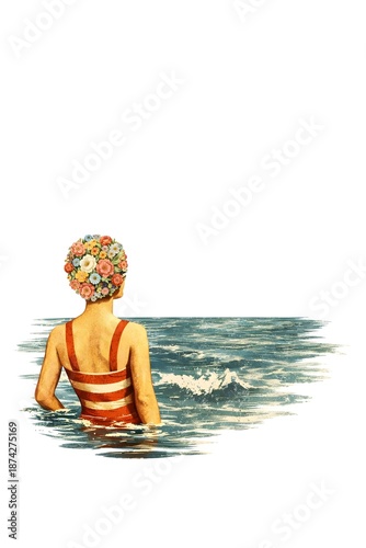 Surreale Illustration einer Frau im Wasser mit Blumen Badekappe