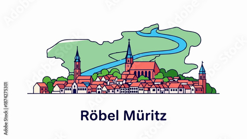 Stylized townscape with church spires, river, and green hills