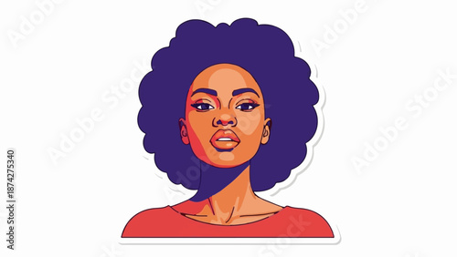 Stylized portrait of a woman with voluminous dark purple afro and red top