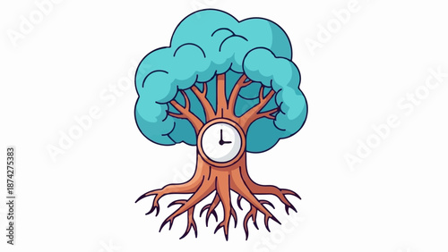 Stylized tree with a clock face integrated into its trunk and exposed roots