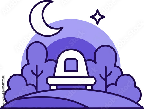 Stylized nighttime landscape with a crescent moon, star, trees, and a tent