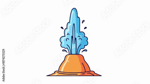 Stylized orange cone erupts with a tall blue water plume and splashing droplets