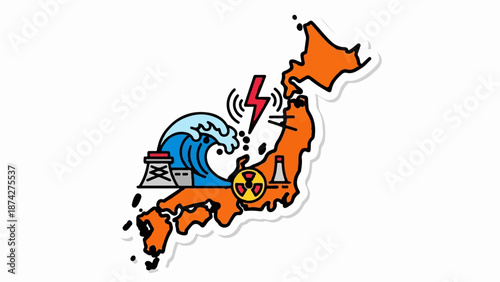 Stylized map of Japan featuring a tsunami, power plant, and lightning bolt