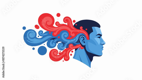 Stylized profile of a blue head with red and blue abstract elements bursting from it