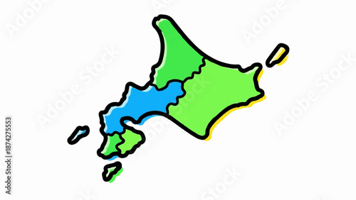 Stylized map outline, green and blue regions, black and yellow borders