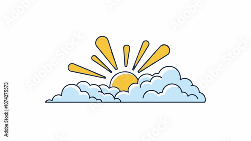 Stylized sun rising behind fluffy clouds with radiating light beams
