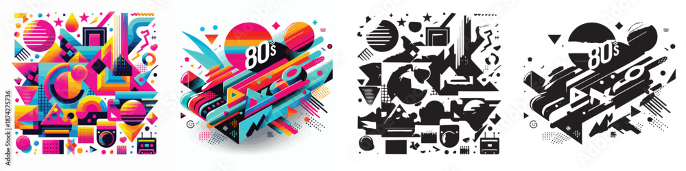 custom made wallpaper toronto digital80s retro style vector set illustration and silhouette on white background.