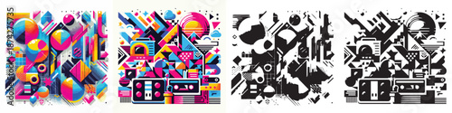 80s retro style vector set illustration and silhouette on white background.
