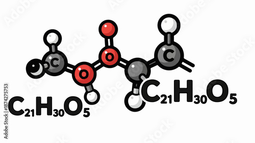 Stylized molecule with spheres representing atoms and lines for bonds, with chemical formula