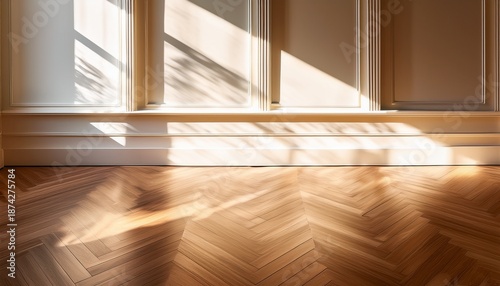 sunlight casting warm shadows on polished wooden parquet floor with decorative wall paneling and white baseboards