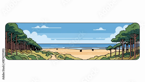Stylized trees border a sandy beach with gentle waves under a cloudy sky