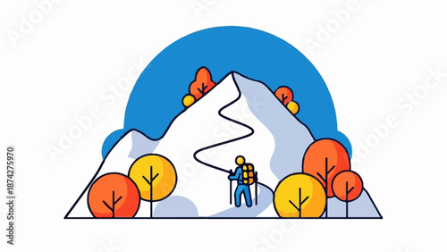 Stylized mountain climber ascends a snowy peak surrounded by autumn trees under a blue arc