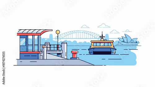 Stylized harbor with ferry, iconic bridge, and opera house in background