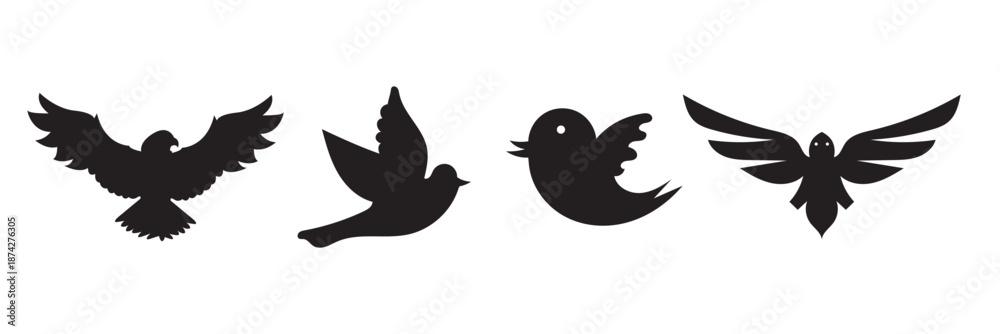Fototapeta premium Bird silhouette icons . Collection of black bird silhouettes in various poses, isolated on white background for design, nature, and wildlife themes. 
