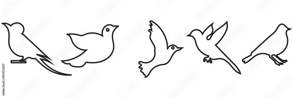 Fototapeta premium Bird silhouette icons . Collection of black bird silhouettes in various poses, isolated on white background for design, nature, and wildlife themes. 