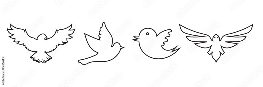 Fototapeta premium Bird silhouette icons . Collection of black bird silhouettes in various poses, isolated on white background for design, nature, and wildlife themes. 