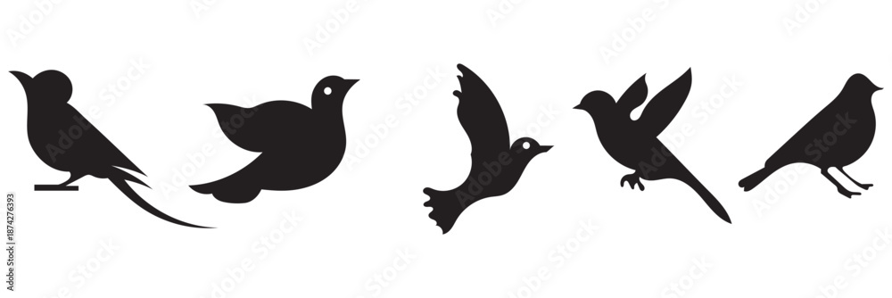 Fototapeta premium Bird silhouette icons . Collection of black bird silhouettes in various poses, isolated on white background for design, nature, and wildlife themes. 