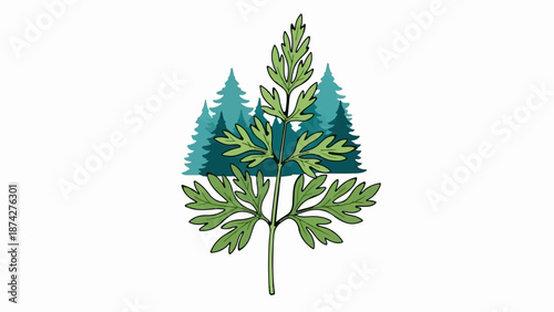 Stylized green leaf in foreground with silhouetted pine trees in background