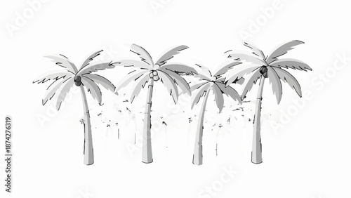 Stylized palm trees with coconuts, depicted in grayscale with bold outlines and textured fronds