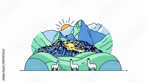Stylized mountain landscape with an ancient city, sun, and three llamas. Cool colors and simple lines