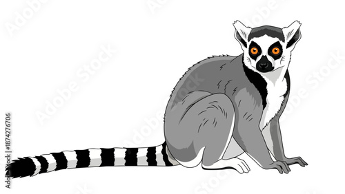 Illustration of a ring-tailed lemur sitting on a white background with vibrant orange eyes