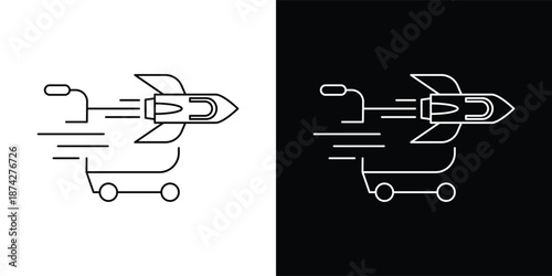 This silhouette icon illustrates a shopping cart combined with a horizontally positioned rocket, emphasizing extreme speed, instant movement, and efficiency in the shopping or checkout process