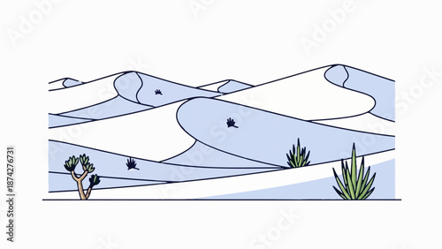 Stylized desert landscape with rolling dunes and sparse vegetation