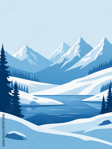 Stunning Winter Mountain Landscape Vector Illustration with a Serene Lake and Snow-Covered Peaks
