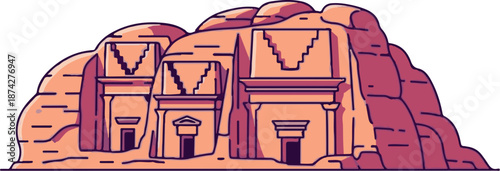 Stylized depiction of ancient rock-cut tombs with layered desert mountains