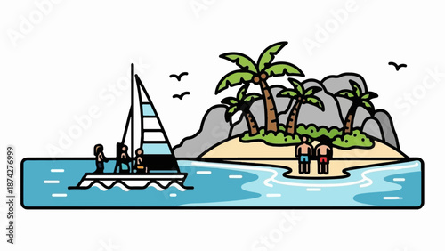 Stylized depiction of a tropical island scene with a sailboat and people on the shore
