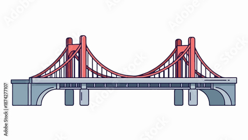 Stylized red suspension bridge with grey towers and walkway, isolated on white