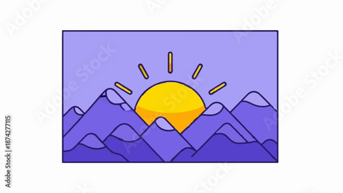 Stylized sunrise over purple mountains under a lavender sky