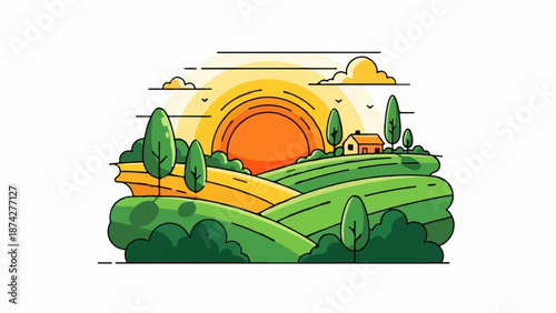 Stylized sunrise over rolling green hills with a small house and trees