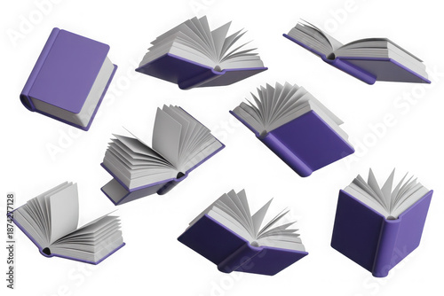 Open paper book with purple hardcover flying in air in different angles of rotation in 3D render illustration set