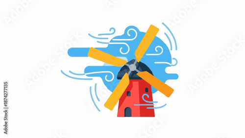 Stylized red windmill with yellow blades against a blue sky