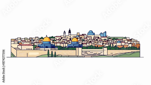 Stylized panoramic view of an ancient Middle Eastern city with historic walls, many buildings, and domes