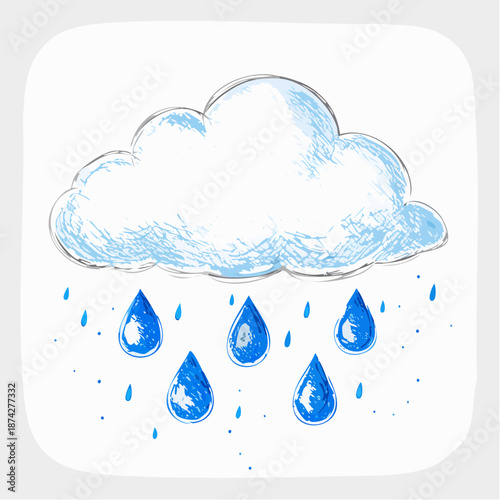 Whimsical hand-drawn illustration of a fluffy cloud with falling blue raindrops, ideal for weather forecasts, precipitation symbols, or a representation of natural downpour