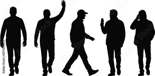 Male activity silhouettes collection, walking waving talking poses, isolated black human figures, lifestyle actions set illustration