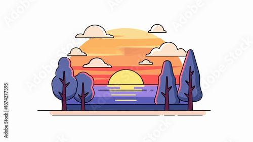 Stylized sunset over a calm body of water, framed by purple trees