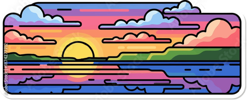 Stylized sunset over water with abstract clouds and layered landscape