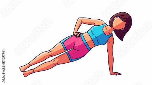 Stylized illustration of a woman performing a side plank exercise, isolated on white
