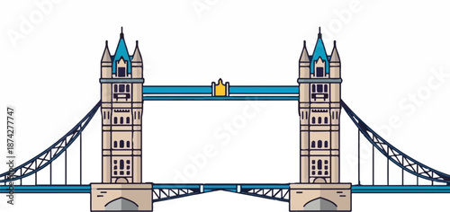 Stylized iconic suspension bridge with two towers, blue spans, and ornate tops