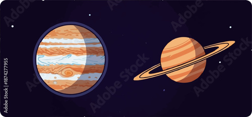 Stylized planets Jupiter and Saturn depicted in a dark, star-filled cosmic expanse