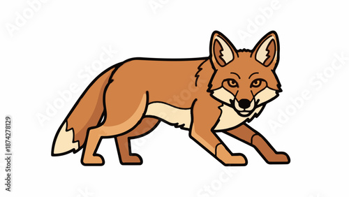 Stylized fox with sharp ears and a bushy tail, in a cautious pose