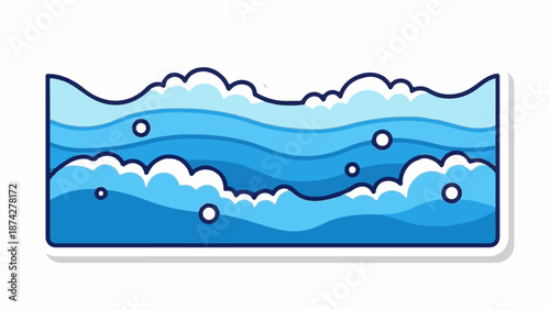 Stylized illustration of blue waves with white foam and bubbles contained within a rectangular frame