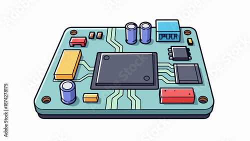 Stylized illustration of a complex electronic circuit board with various components
