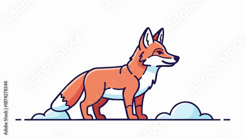 Stylized illustration of a fox standing amidst soft, cartoonish clouds